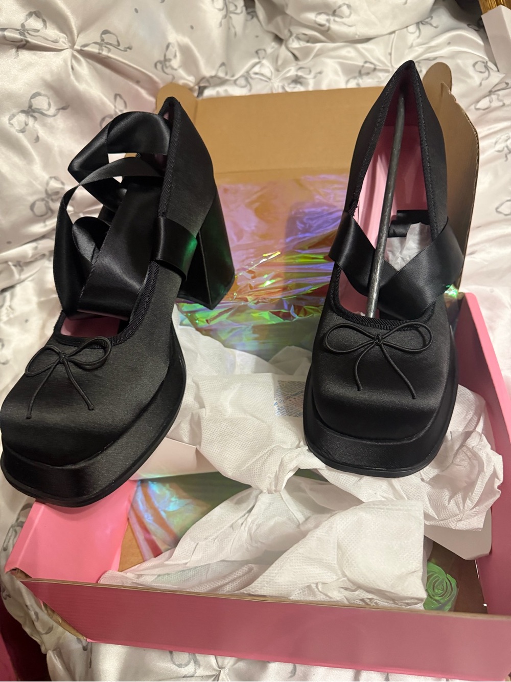 Dolls Kill Black Satin Platform Mary Jane Pumps with Ribbon Wrap